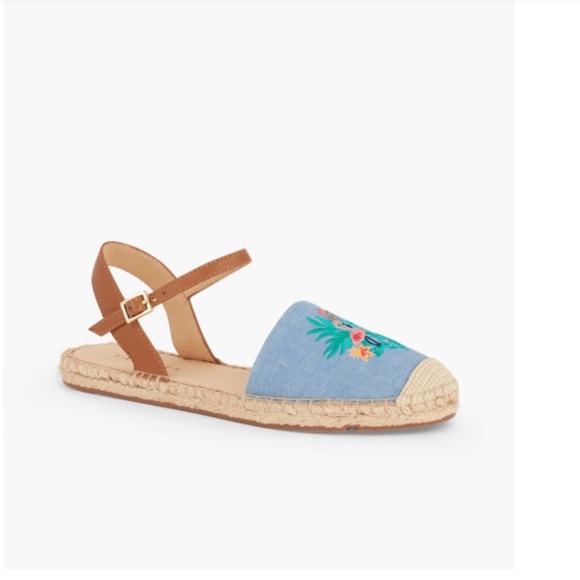 NIB Talbots Denim Espadrilles 7M Embroidered Flamingo Chambray Izzy d'Orsay - Picture 2 of 11
